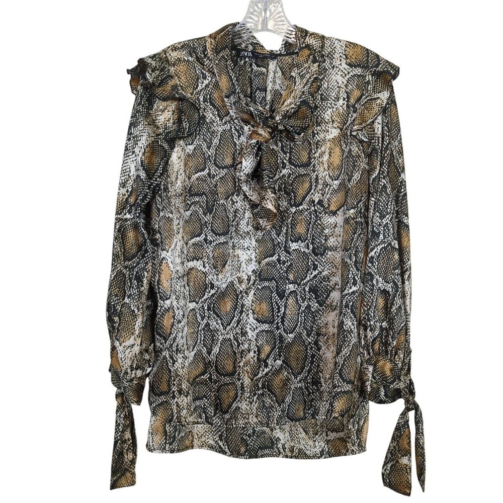 Zara Women's Snake Print Ruffled Career Blouse Size S With Tie Neck Long Sleeves